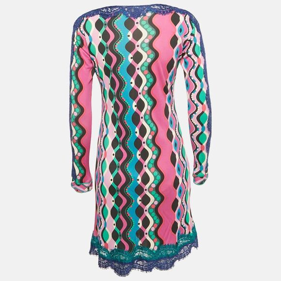 Emilio Pucci Multicolor Printed Jersey Lace Detail Mini Dress M - Picture 2 of 5